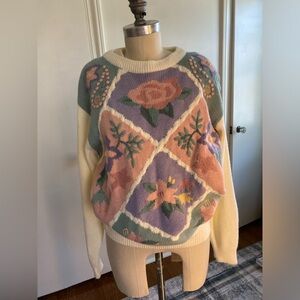 Alfred Dunner Cream and Purple Turtleneck Sweater with Floral Design